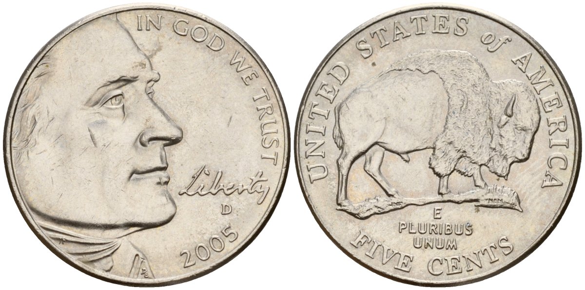 США 5 центов 2005 D, серия 200 лет экспедиции Льюиса и Кларка - бизон, из ролла KM 638 медно-никель 4179-536