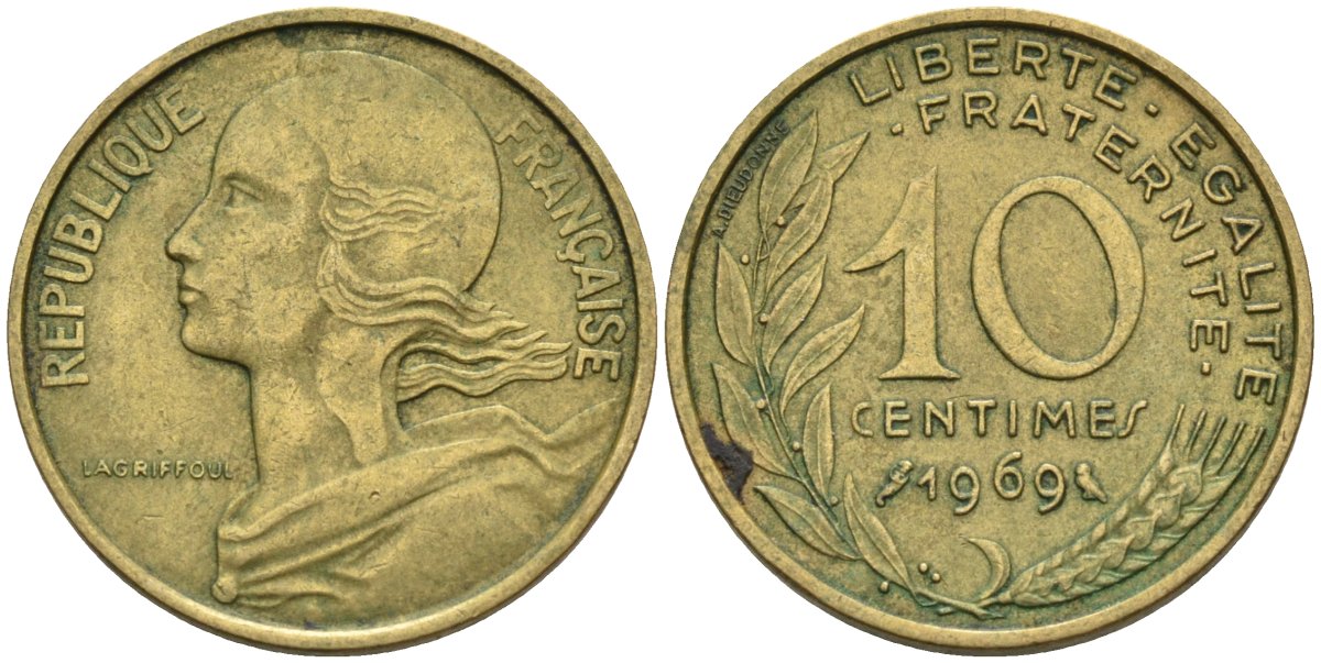 Франция 10 сантимов 1969 тип MARIANNE KM 929 медь алюминий никель 4584-514