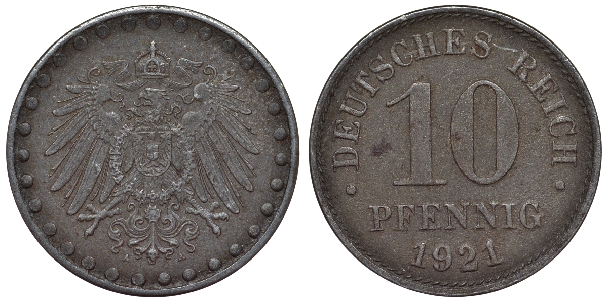 Германия 10 пфеннигов 1921 A KM 20, J. 298 железо 4119-157