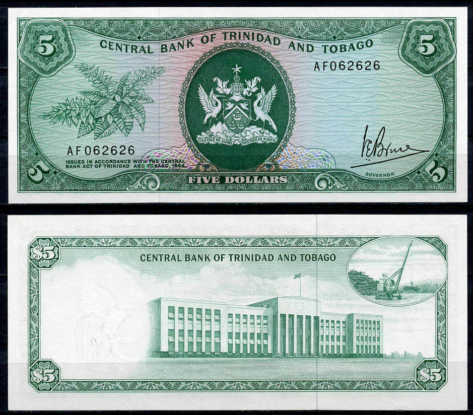 Тринидад и Тобаго 5 долларов 1964 (1977) подпись 3 Pick 31а бумага UNC (пресс) 000-000-00