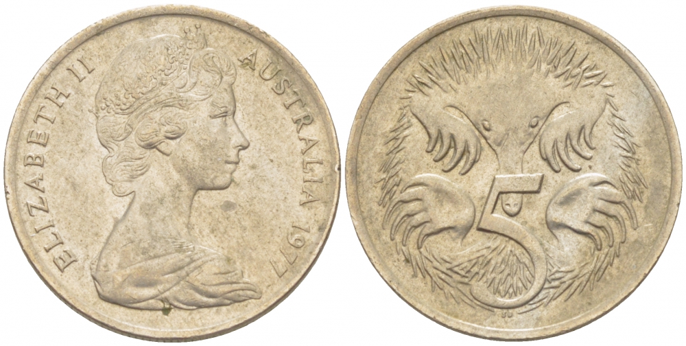 АВСТРАЛИЯ 5 ЦЕНТОВ 1977 ЕЛИЗАВЕТА II, МОЛОДОЙ ПОРТРЕТ, ЕХИДНА KM 64 медно-никель 3851-1128