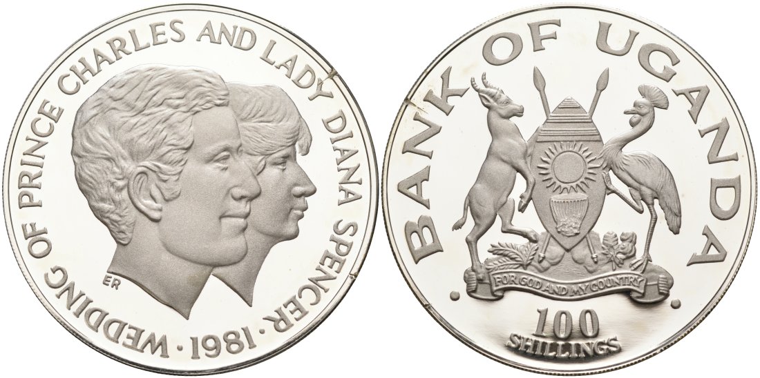 Уганда 100 шиллингов 1981 Королевская Свадьба, ПРИНЦА ЧАРЛЬЗА И ЛЕДИ ДИАНЫ KM 22 серебро PROOF 00-00