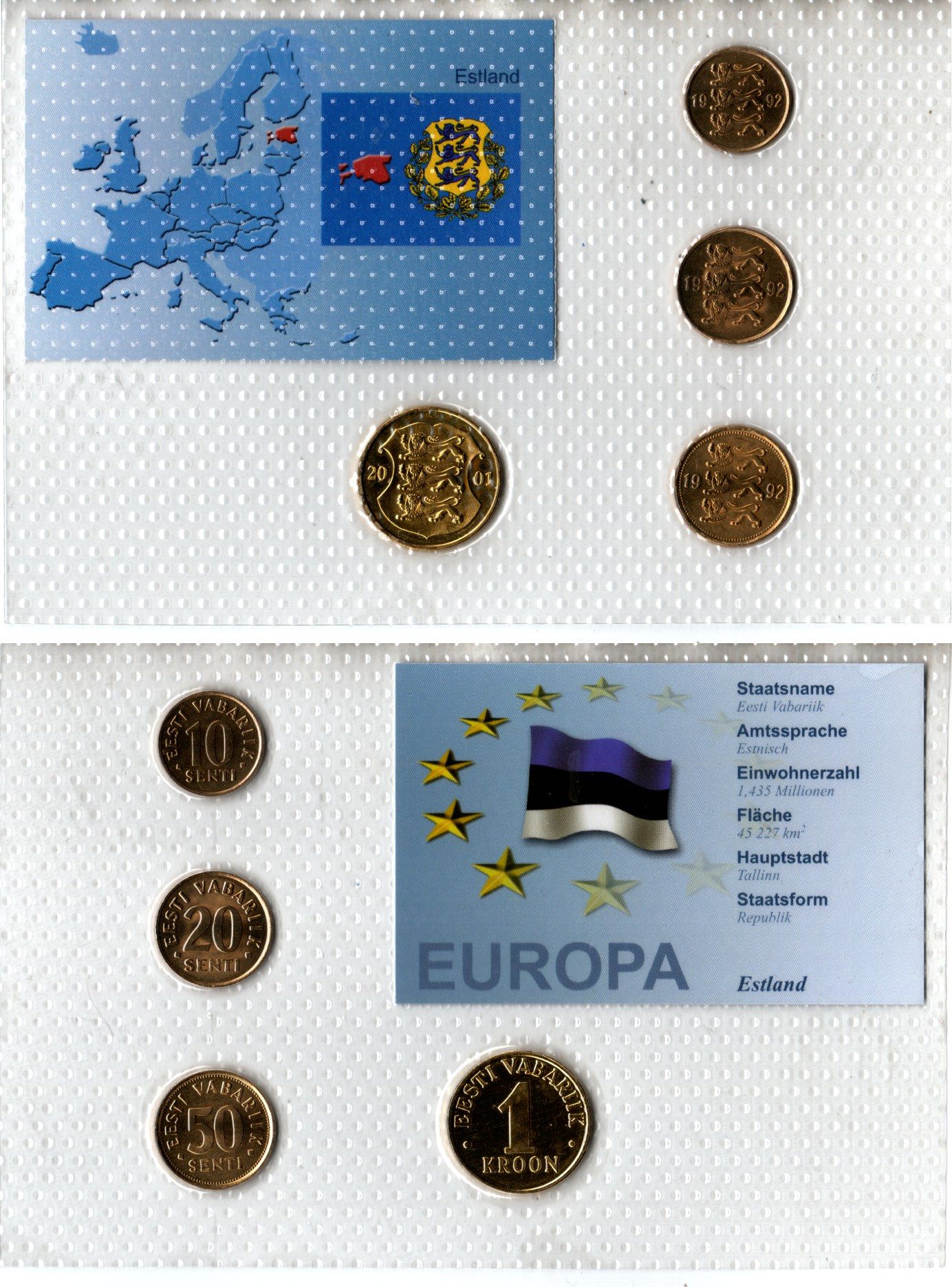 Эстония набор из 4 монет (10, 20 и 50 сенти; 1 крона) 1992 и 2001 в красочной упаковке с информацией о стране KM 22, 23, 24 и 35 UNC 2-6-3-99