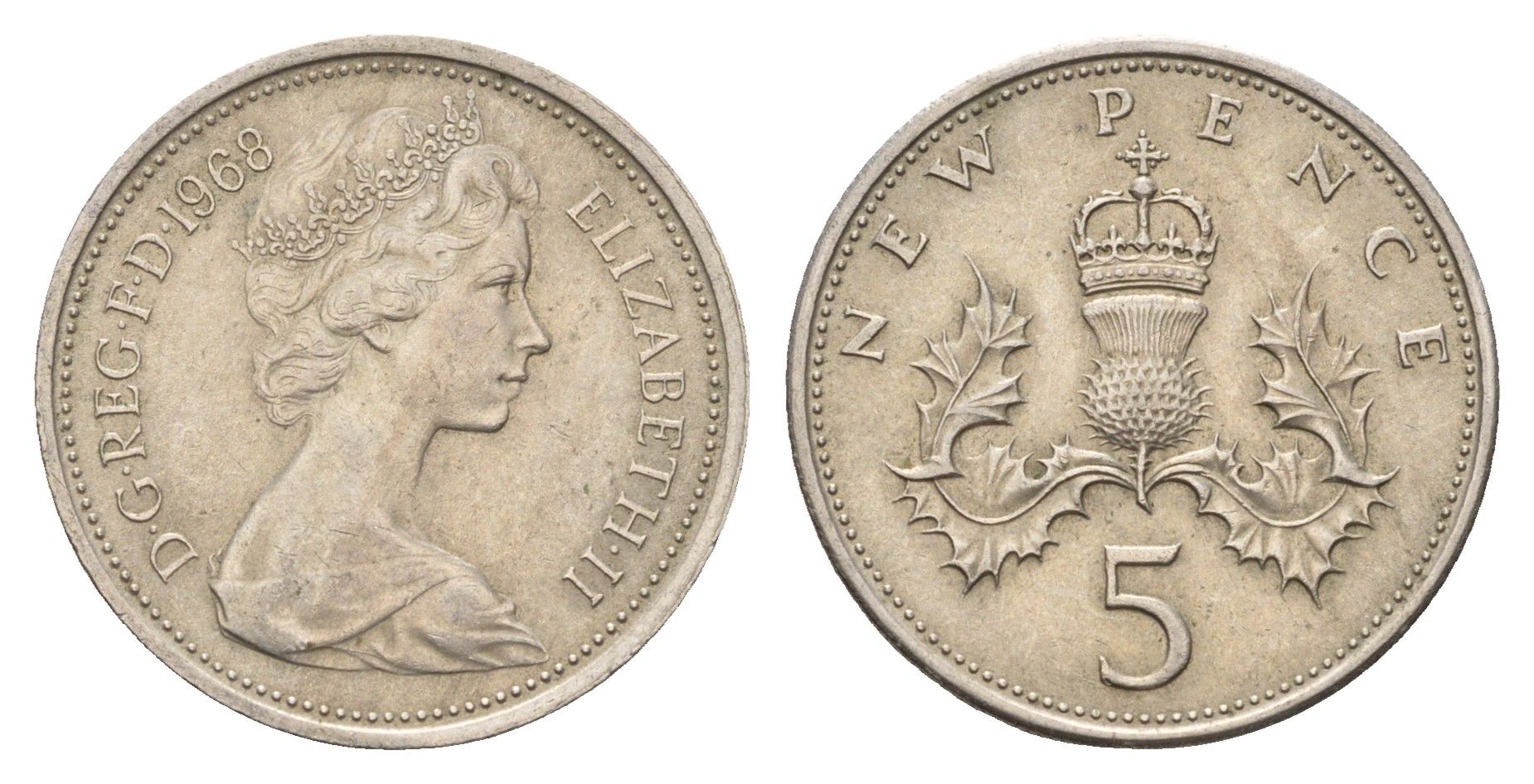 Великобритания 5 пенсов 1968 Елизавета II (1952-2022) KM 911, Spink 4233 (D1) медно-никель 4671-1154