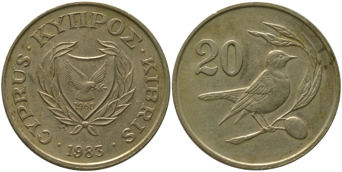 Кипр 20 центов 1983 KM 57.1 никель латунь 4380-946