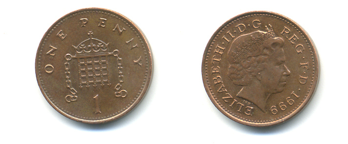 Великобритания 1 пенни 1999 Елизавета II (1952-2022) KM 986, Spink 4710 (B5) сталь плакированная медью 177-533