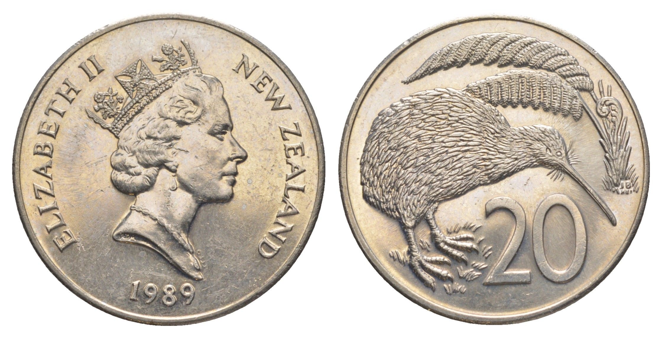 Новая Зеландия 20 центов 1989 Елизавета II (1952-2022), птичка киви KM 62 медно-никель UNC 4187-924