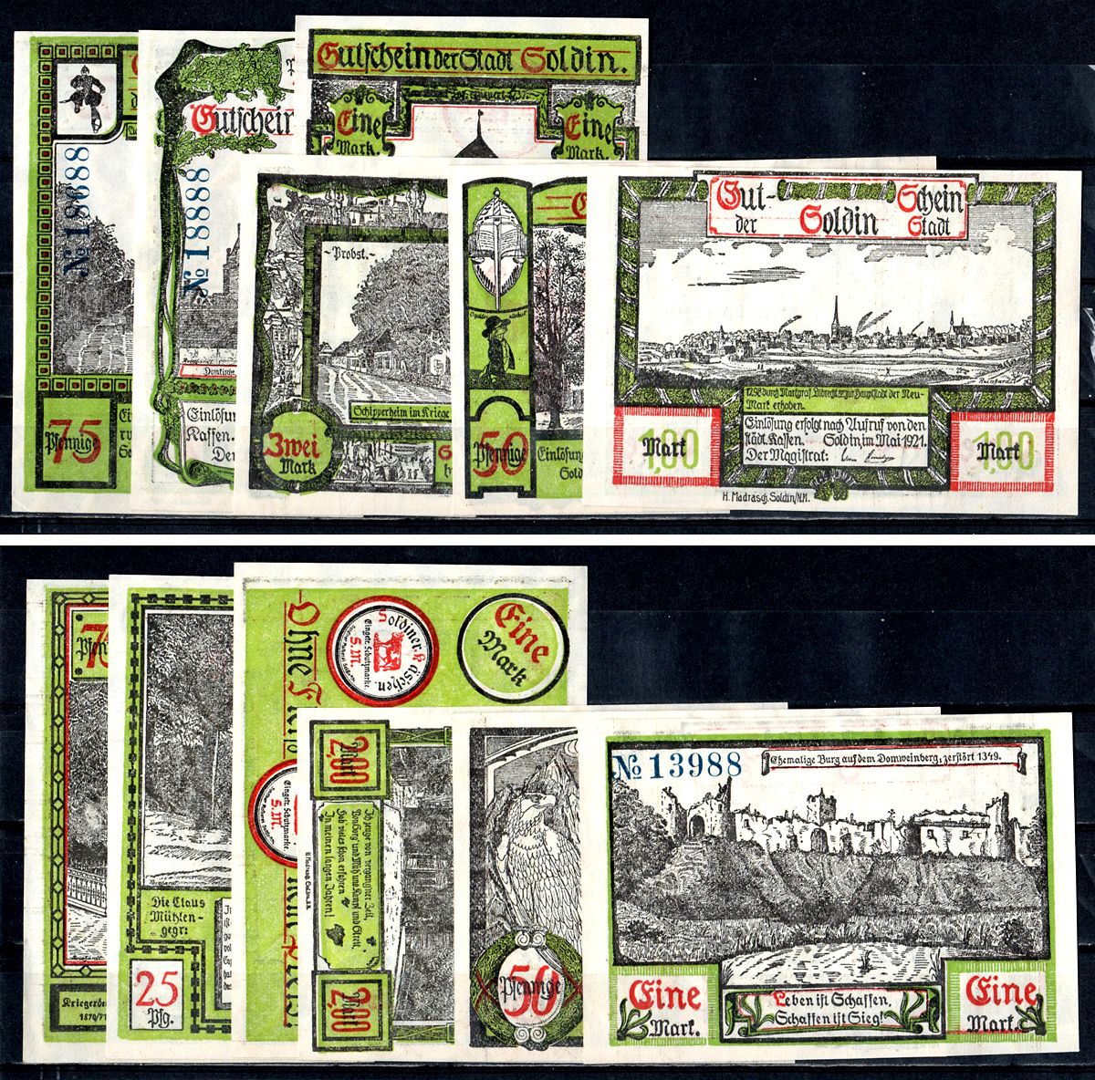 Зольдин (Пруссия, Бранденбург) полный набор из 6 нотгельдов (25, 50 и 75 пфеннигов; 1 и 2 марки) 1921 Mehl Grabowski 1235 бумага UNC (пресс) 7556-68-1-2