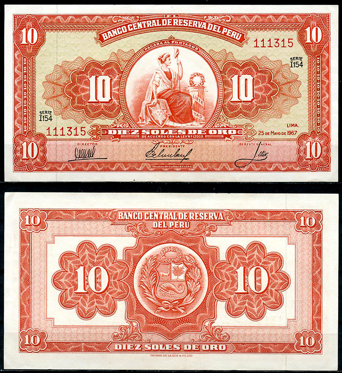 Перу 10 солей 1967 сидящая свобода, Thomas de la Rue Pick 84 a  бумага  аUNC 444-144-2-2