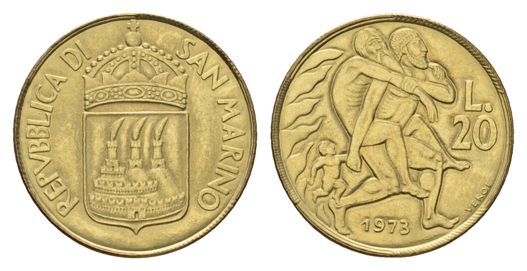 Сан-Марино 20 лир 1973 KM 26 алюминиевая бронза UNC 4511-854