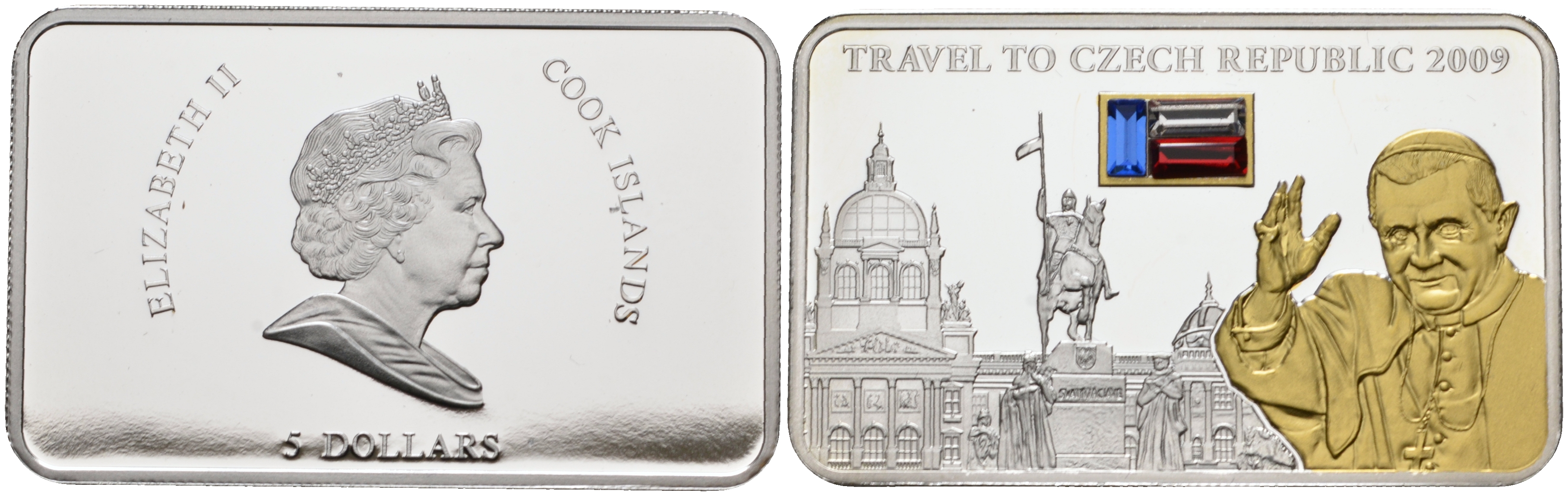 Острова Кука 5 долларов 2009 визит в Чехию Папы Римского, камни, позолота серебро PROOF 1069-5-33
