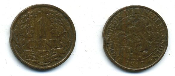 НИДЕРЛАНДЫ 1 ЦЕНТ 1917 бронза 4-126