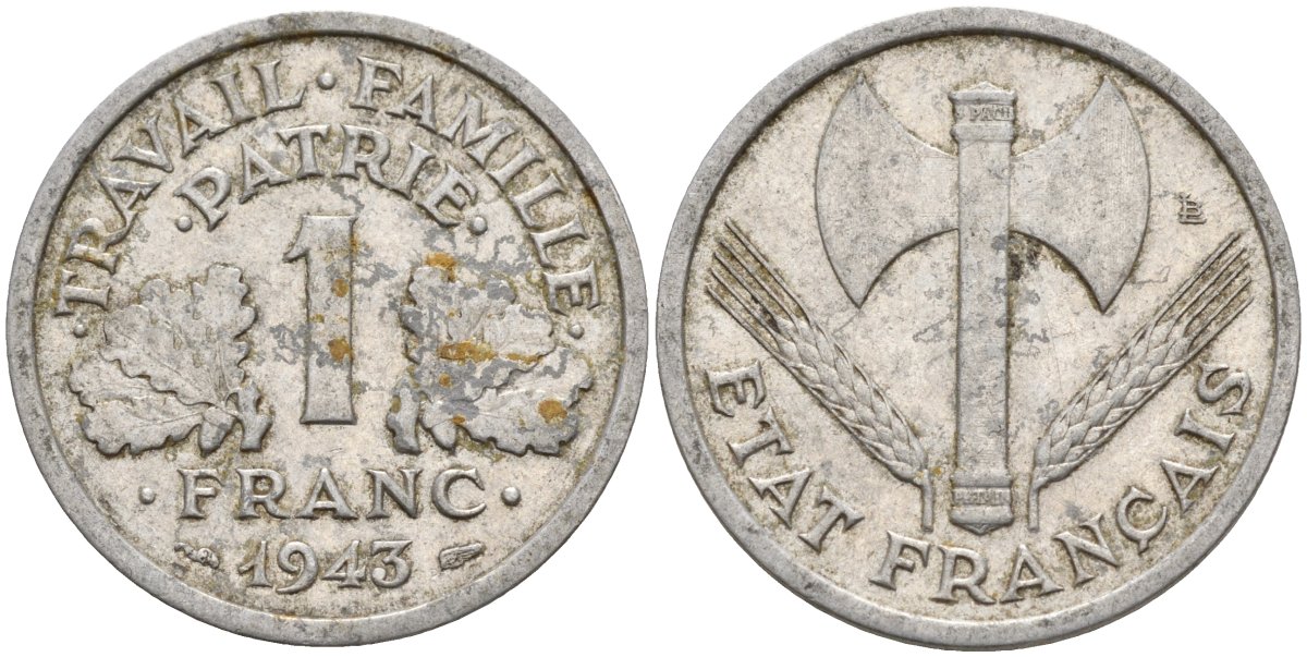 Франция 1 франк 1943 LB, тип Lourde, правительство Виши KM 902.1 алюминий 4142-924