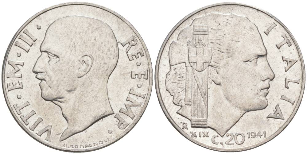 ИТАЛИЯ 20 ЧЕНТЕЗИМО 1941 R, ГОД XIX, ВИКТОР ЭММАНУИЛ III (1900-1946) KM 75b, VEM3. 1028 нержавеющая сталь 3853-1055
