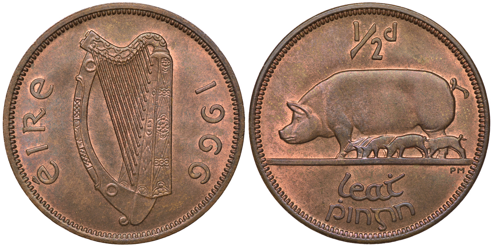 ИРЛАНДИЯ 1/2 ПЕННИ 1966 СВИНЬЯ С ПОРОСЯТАМИ KM 10 бронза UNC 4391-712