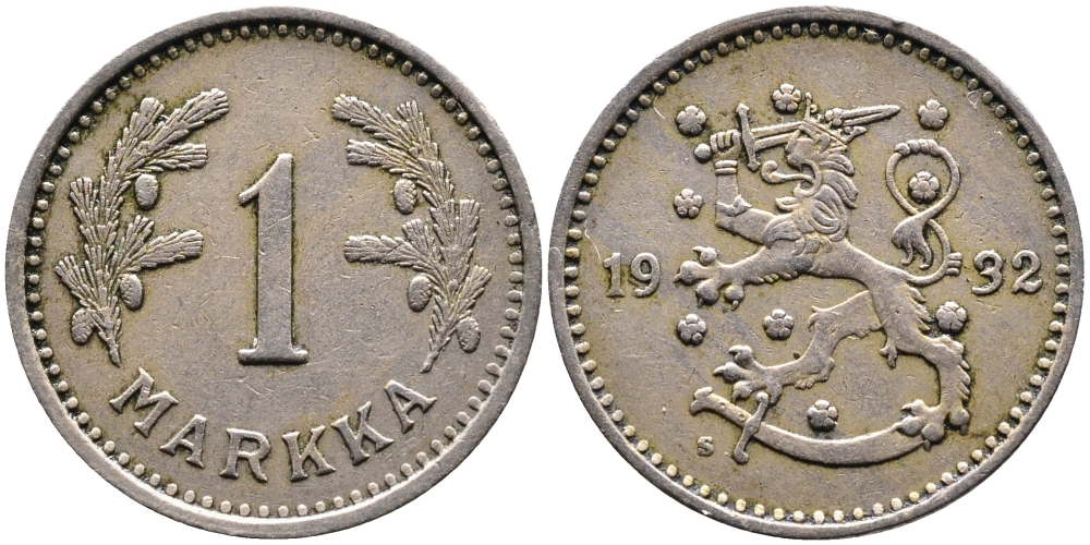 ФИНЛЯНДИЯ 1 МАРКА 1932 S KM 30 медно-никель 4388-1012