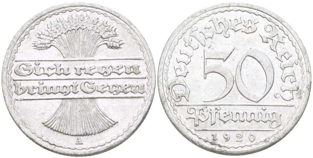 ГЕРМАНИЯ 50 ПФЕННИГОВ 1920 A KM 27, J. 301, Weege 10 алюминий 261-313