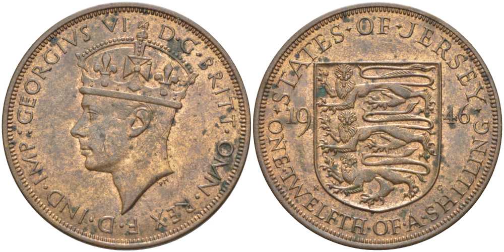Джерси 1/12 шиллинга 1946 Георг VI (1937-1952) KM 18 бронза 3996-445