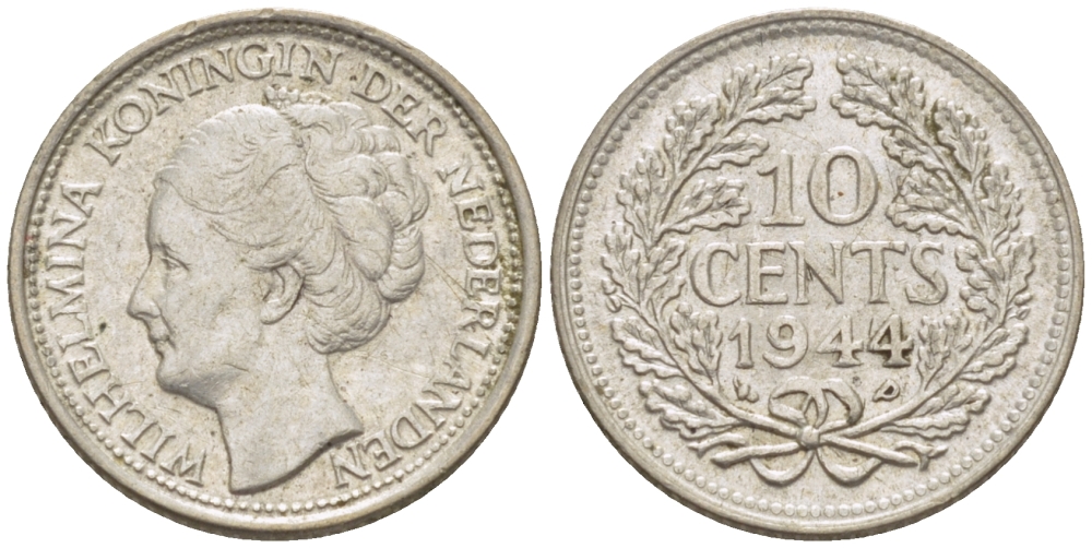 Нидерланды 10 центов 1944 Вильгельмина (1890-1948) KM 163 серебро aUNC 66-1253