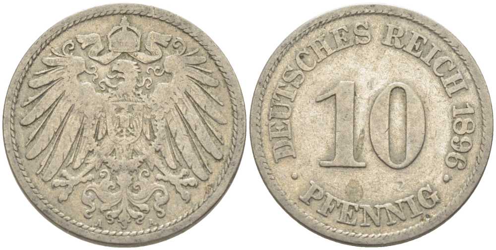 ГЕРМАНИЯ 10 ПФЕННИГОВ 1896 А KM 12, J. 13 медно-никель 210-627