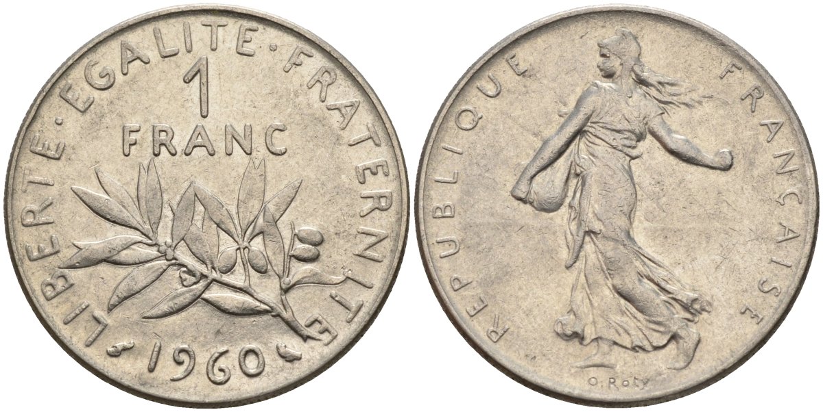 Франция 1 франк 1960 сеятель KM 925.1, Le Franc 226.4 никель 4142-1014
