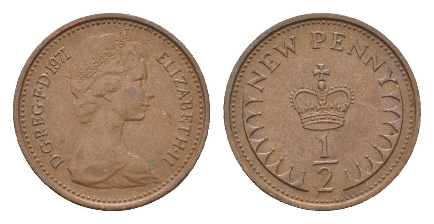 Великобритания 1/2 пенни 1971 Елизавета II (1952-2022) KM 914, Spink 4239 бронза 4697-858