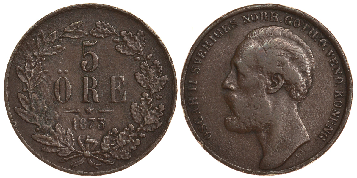 Швеция 5 эре 1873 Оскар II (1872-1907) король Швеции и Норвегии KM 730 бронза 81-333