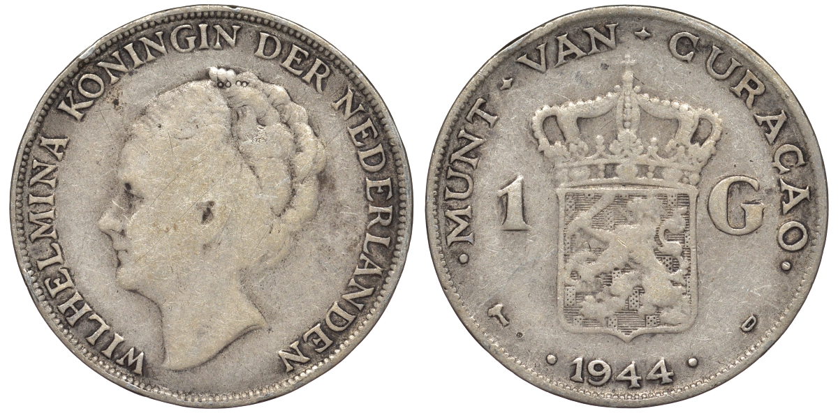 Нидерландское Кюрасао 1 гульден 1944 D, Вильгельмина (1890-1948) KM 45 серебро 36-525