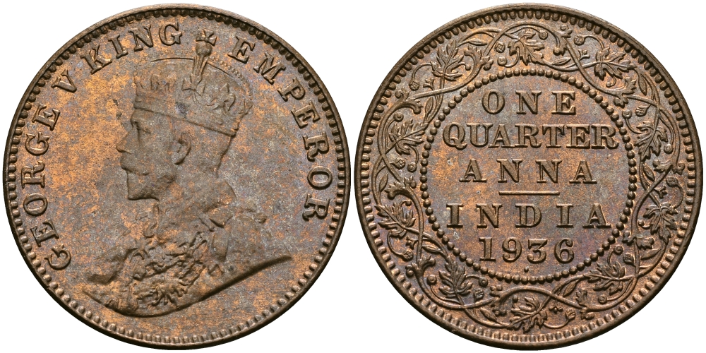 Британская Индия 1/4 анна 1936 Георг V (1910-1936) KM 512 бронза UNC 94-257