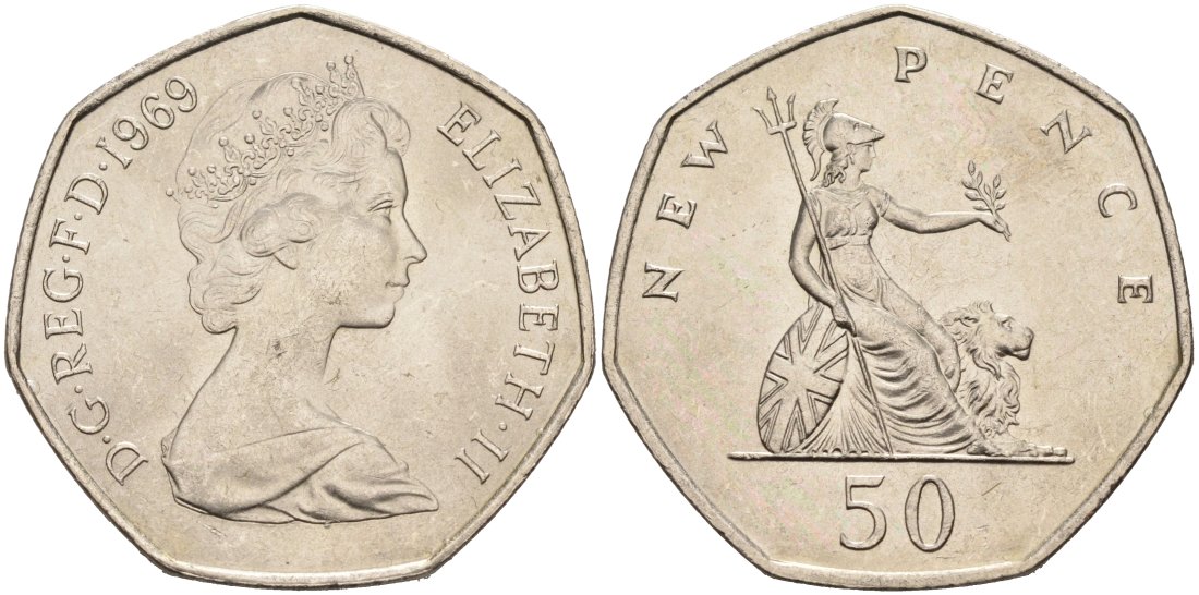 Великобритания 50 пенсов 1969 Елизавета II (1952-2022) KM 913, Spink 4223 (H1) медно-никель UNC 4565-245