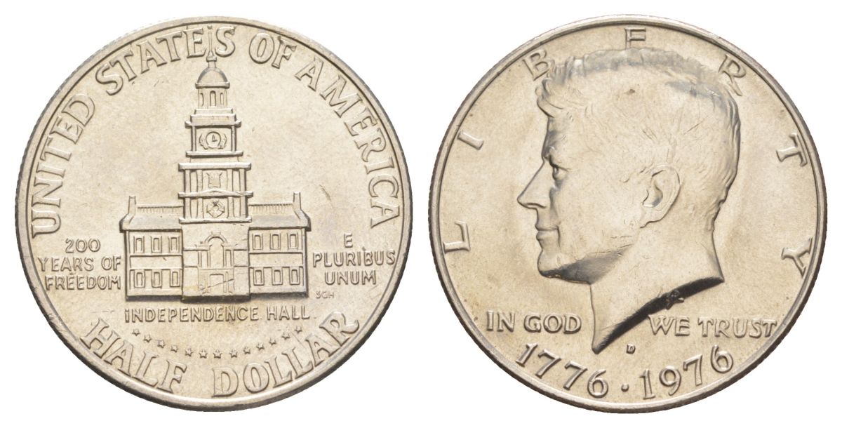 США 1/2 доллара (50 центов) 1976 D, 200 лет независимости, Джон Кеннеди KM 205 медь плакированная медно-никелем aUNC 4565-523