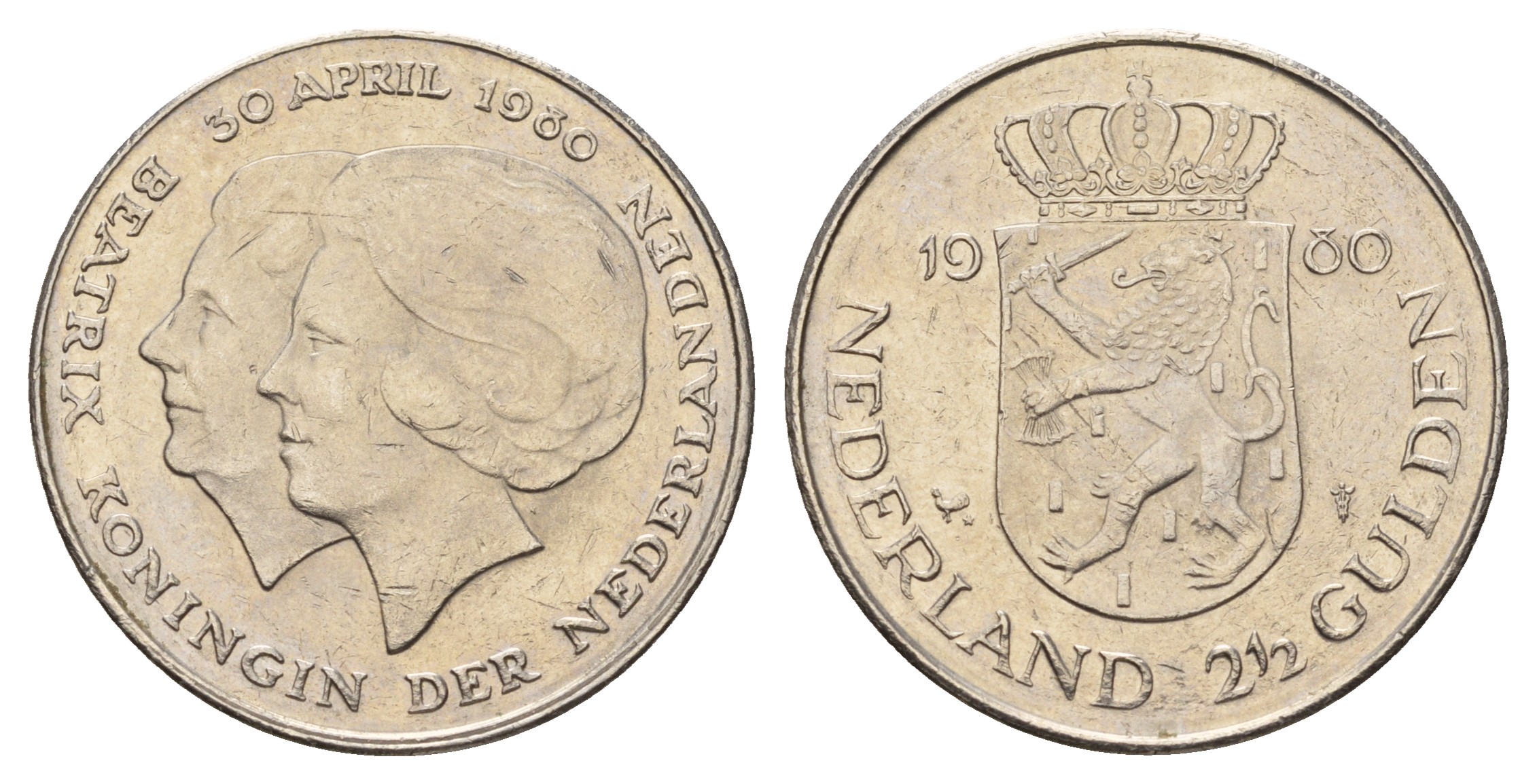 Нидерланды 2 1/2 гульдена 1980 коронация Беатрикс, 30 апреля 1980 KM 201 никель 4683-832