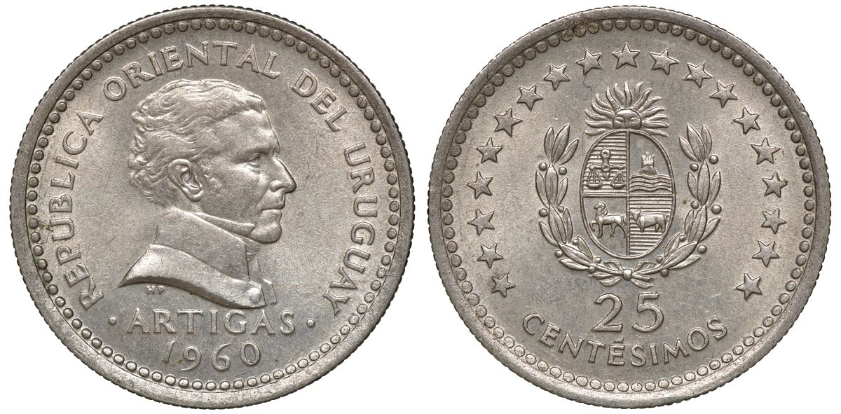 Уругвай 25 сентесимо 1960 KM 40 медно-никель 4169-761