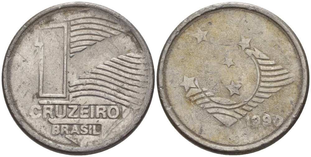 Бразилия 1 крузейро 1990 KM 617 нержавеющая сталь 201-867