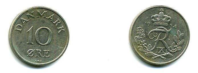 ДАНИЯ 10 ЭРЕ 1954 N; S, ФРЕДЕРИК IX (1947-1972) KM 841.1 медно-никель 46-123
