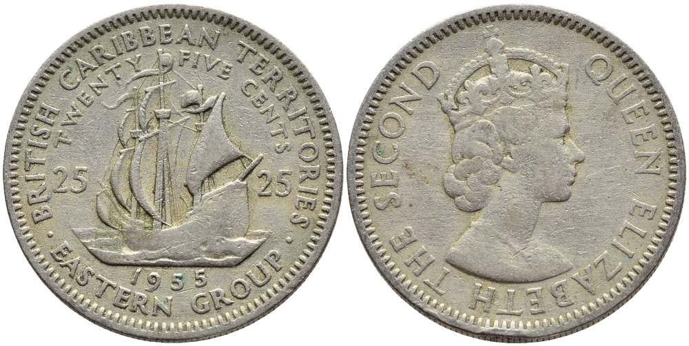Британские Восточно-Карибские территории 25 центов 1955 Елизавета II (1952-2022), парусник KM 6 медно-никель 76-825