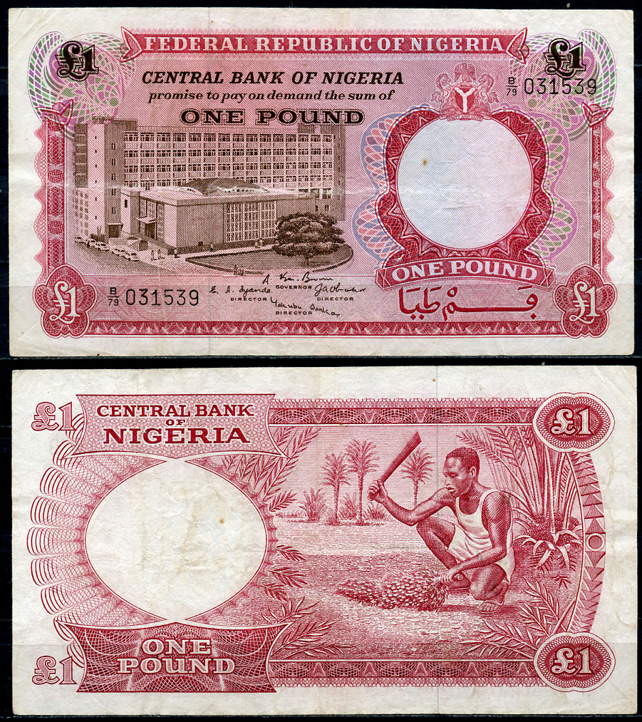 Нигерия 1 фунт 1967 Центральный банк в Лагосе Pick 8 бумага 8619-12-2-2