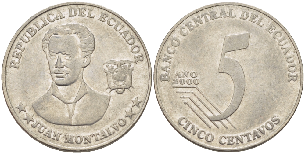 ЭКВАДОР 5 СЕНТАВО 2000 ХУАН МОНТАЛЬВО KM 105 сталь 31-333