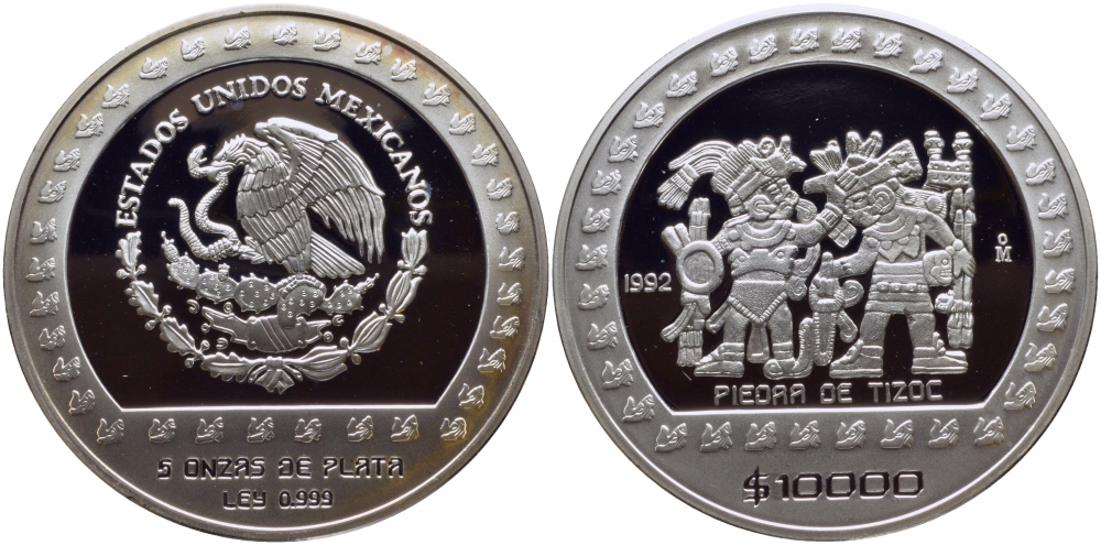 Мексика 10000 песо 1992 фигуры майя, камень Тисока, вес 155,51 грамм, тираж 3300 экземпляров KM 557 серебро PROOF 01-097-11-2