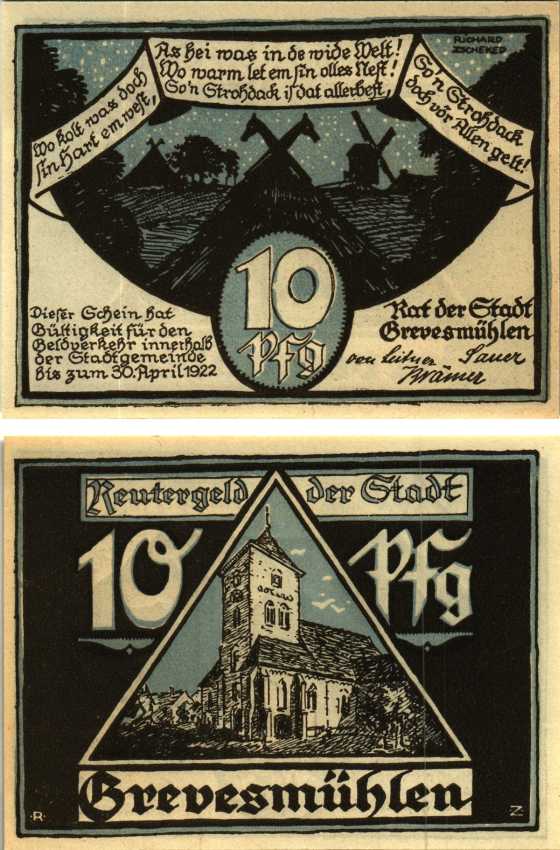 ГРЕВЕСМЮЛЕН 10 ПФЕННИГОВ 1922 НОТГЕЛЬД, 1922 - 30 АПРЕЛЯ 1922, ЗЕМЛЯ МЕКЛЕНБУРГ-ПЕРЕДНЯЯ ПОМЕРАНИЯ Grabowski 473.2 бумага 7548-117-1-1