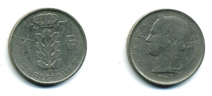 БЕЛЬГИЯ 1 ФРАНК 1952 BELGIQUE KM 142.1 медно-никель 25-1356