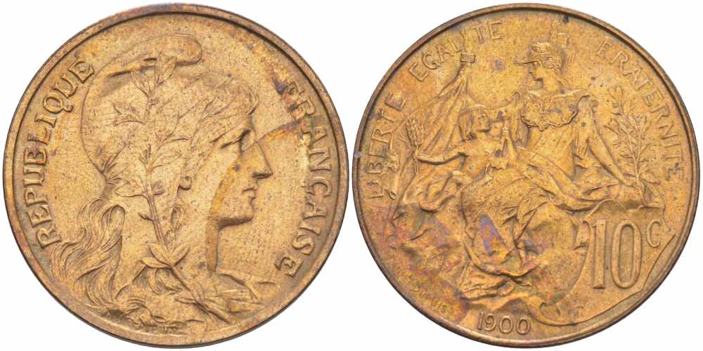 Франция 10 сантимов 1900 тип Даниэль Дюпюи KM 843, LA FRANC 136.9 бронза 109-136