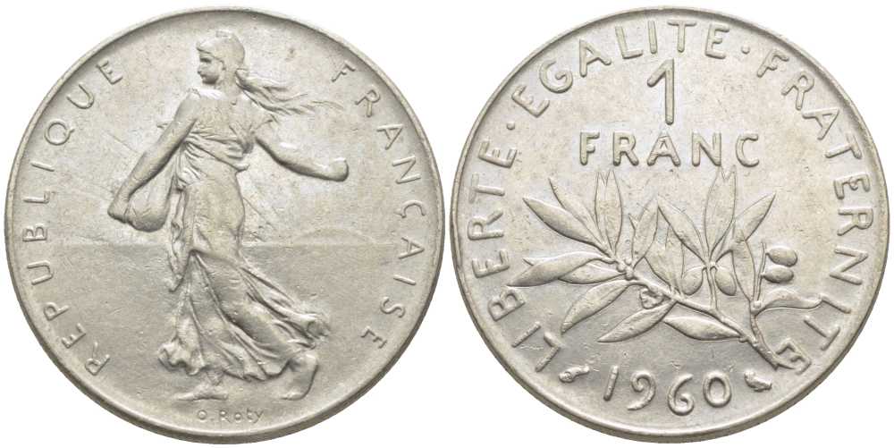 ФРАНЦИЯ 1 ФРАНК 1960 СЕЯТЕЛЬ KM 925.1, LE FRANC 226.4 никель 175-515