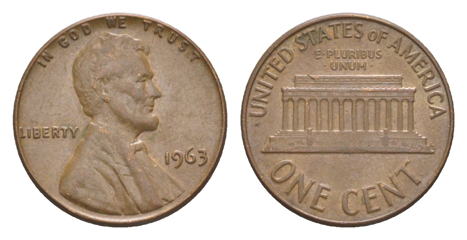 США 1 цент 1963 Авраам Линкольн KM 201 медь цинк  aUNC  4640-365