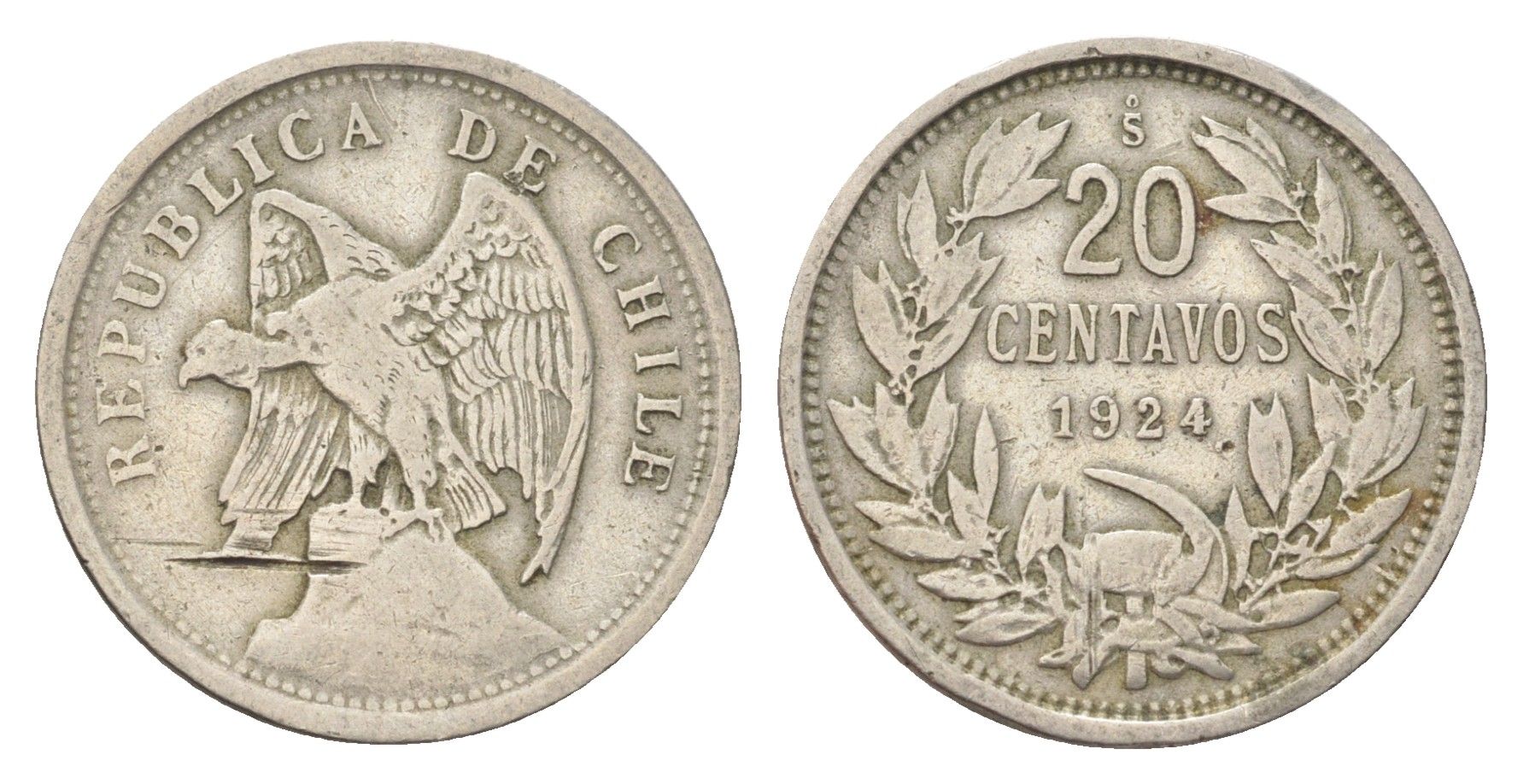Чили 20 сентаво 1924 KM 167 медно-никель 4706-445