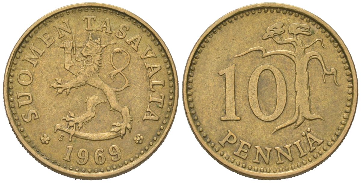 Финляндия 10 пенни 1969 S KM 46 алюминиевая бронза 218-1114