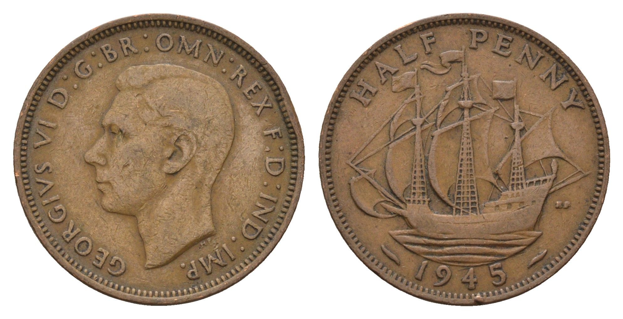 Великобритания 1/2 пенни 1945 Георг VI (1936-1952) KM 844, Spink 4115 бронза 4675-422