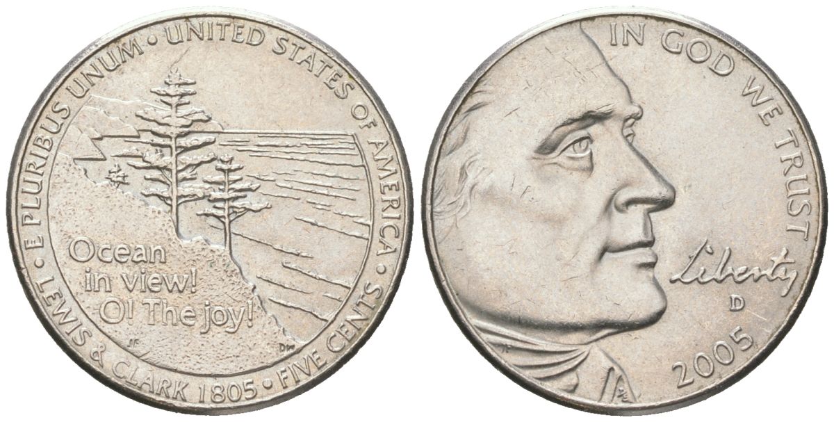 США 5 центов 2005 D, 200 лет экспедиции Льюиса и Кларка - Выход к океану KM 369 медно-никель UNC 192-1054