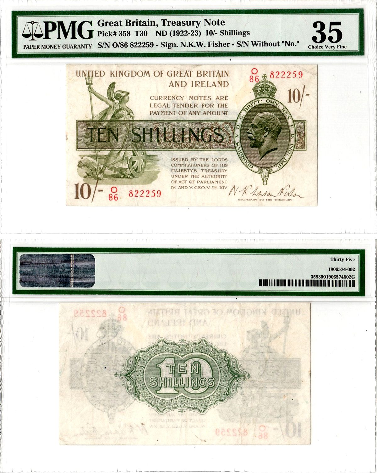 Великобритания 10 шиллингов ND (1922-1923) в слабе PMG 35 Pick 358 бумага 452-2-124