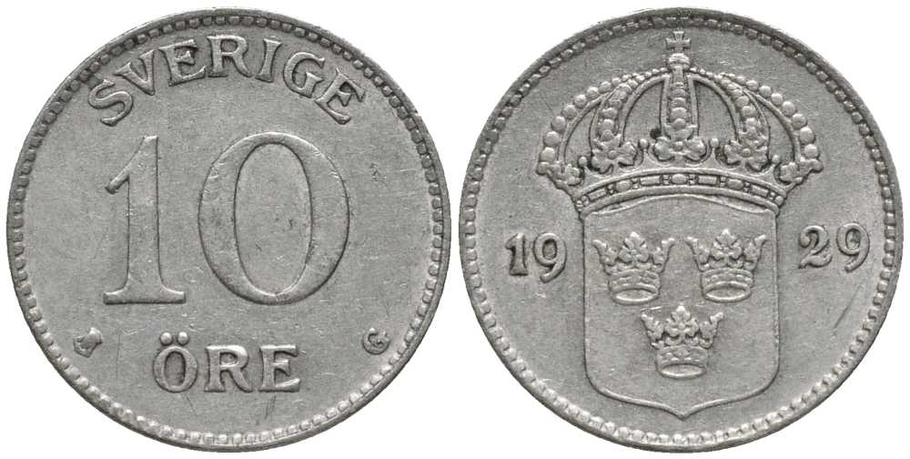 Швеция 10 эре 1929 G, Густав V (1907-1950) КМ 780 серебро 201-1059